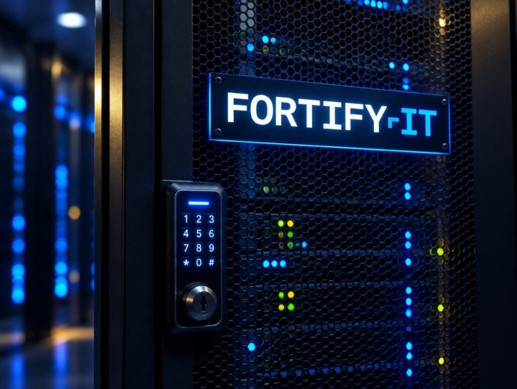Locked FortifyIT server rack with keypad